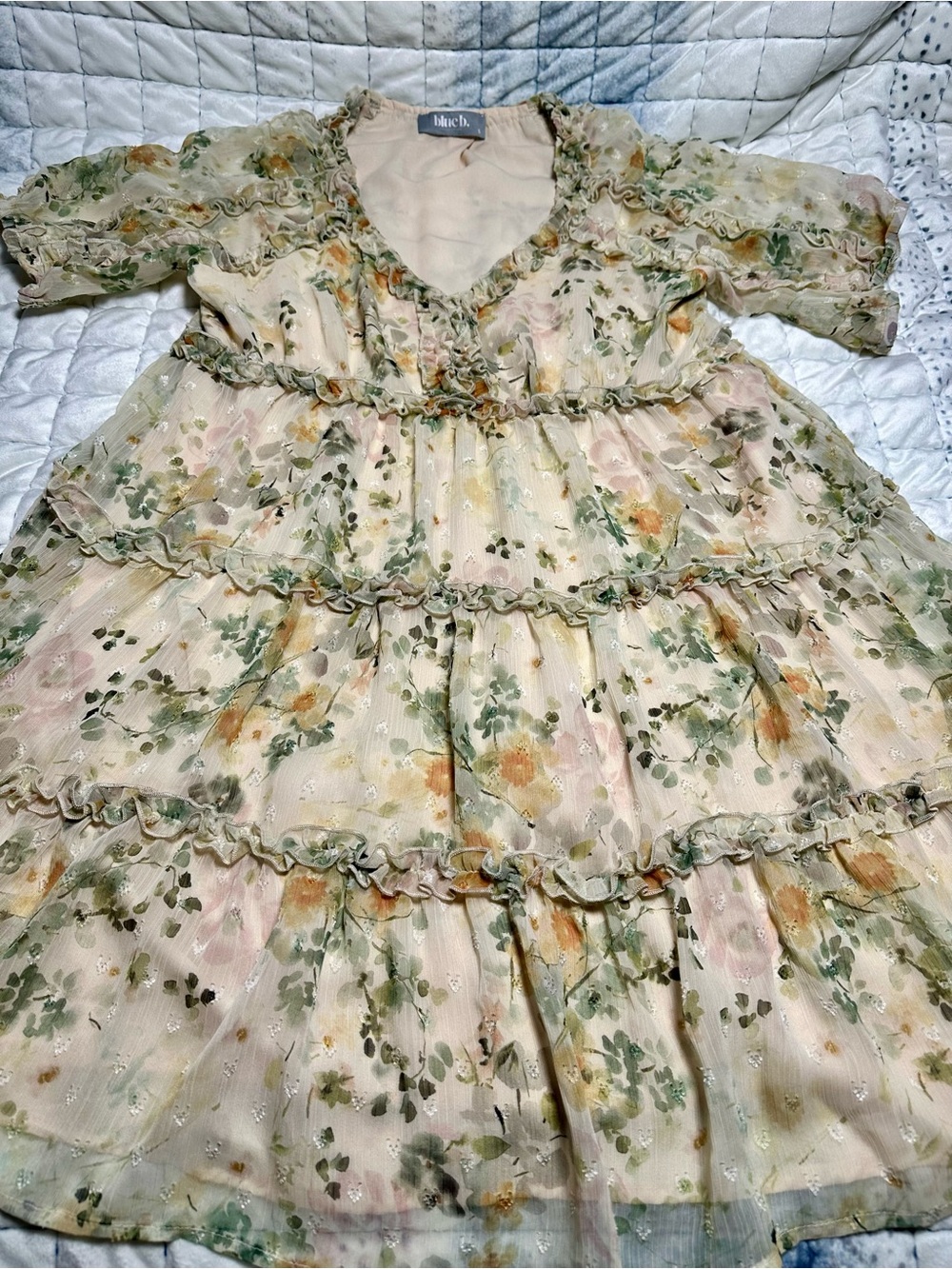 Floral Tiered Ruffle Dress in Cream and Green